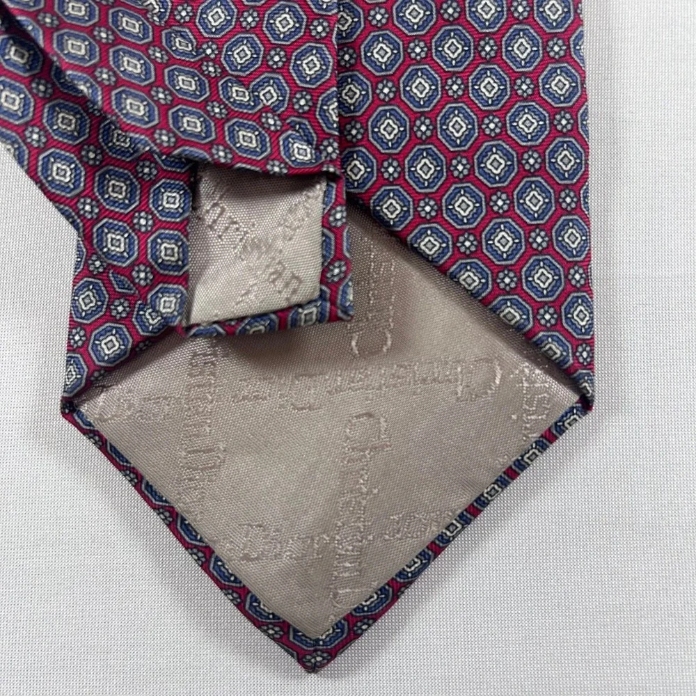 Christian Dior Necktie Men Red Blue Geometric Medallion 100% Silk Italian Fabric